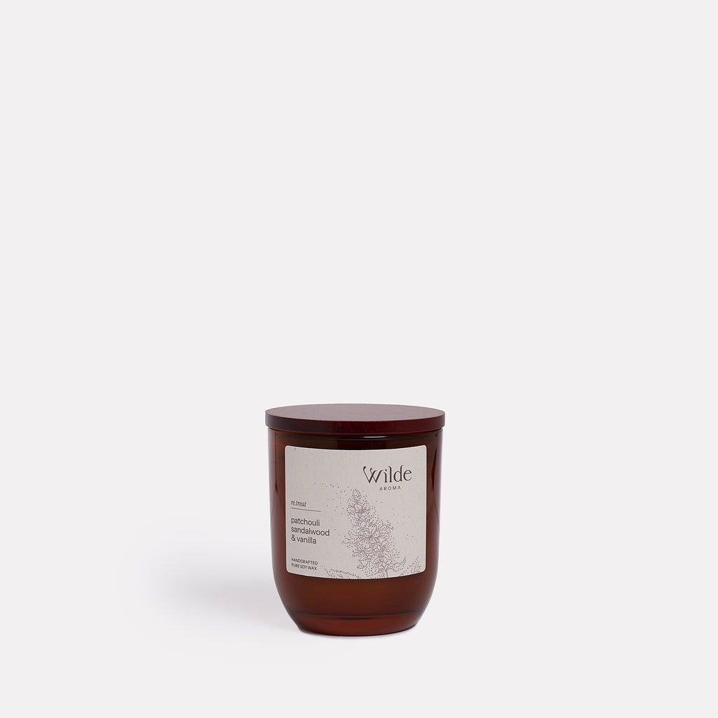 Small pure soy candle in Patchouli, Sandalwood and Vanilla scent by Wilde Aroma